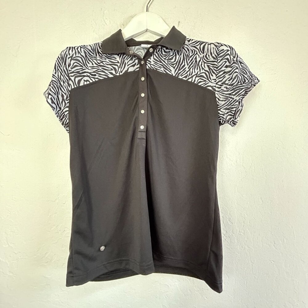 Daily Sports Womens Zilian Cap Sleeve Polo Shirt Large Black Animal Print Sporty